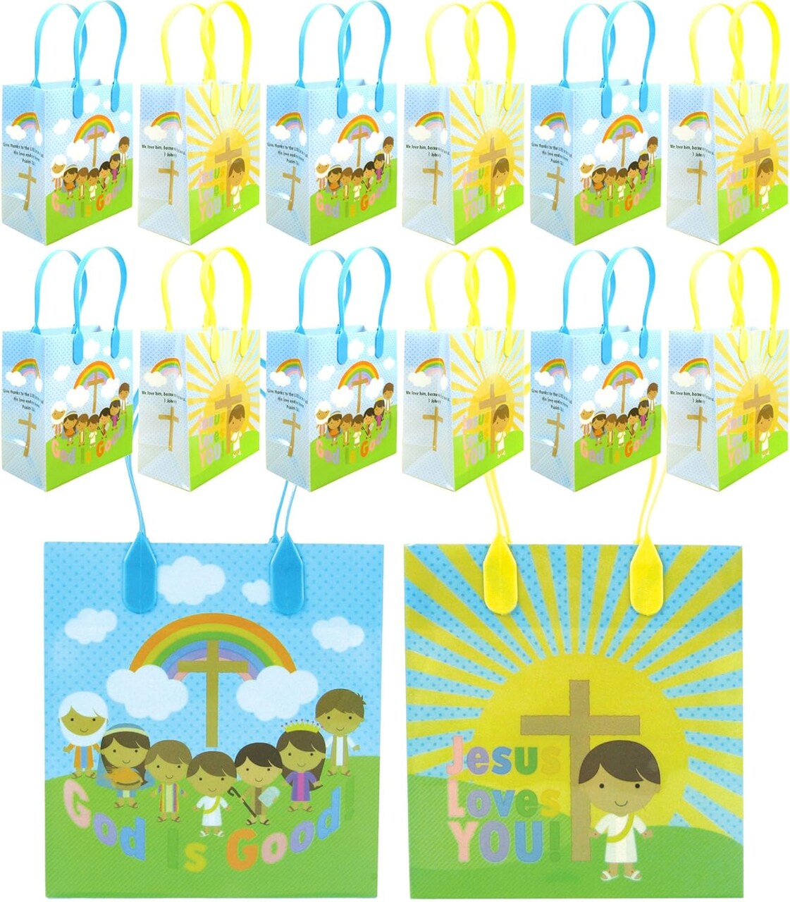 Tiny Mills Jesus Loves You Religious Christian Themed Treat Bags Gift Bags with Handles Religious Prizes Gift Bags, Set of 12 Bags